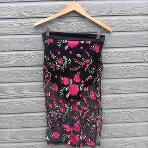 Black Embroidered Floral Mesh Midi Skirt - Pink Rose